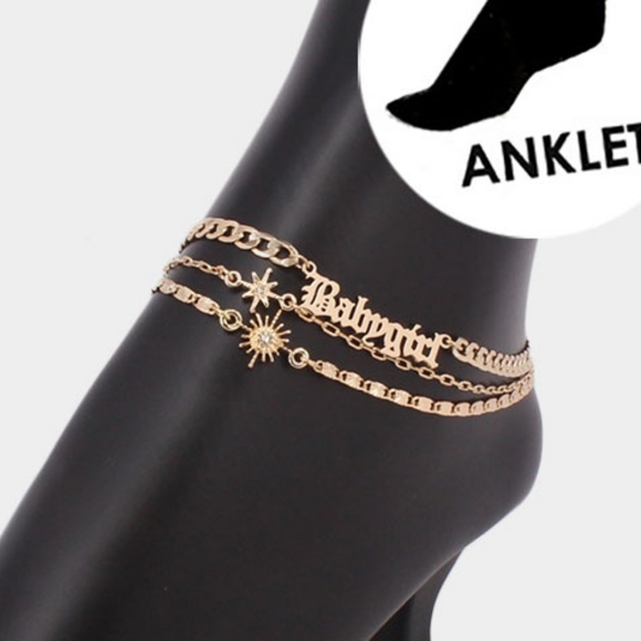 Gold Chain BABYGIRL 3 Piece Worded Pendant Layered Anklet Metal North Star Link - Picture 2 of 2